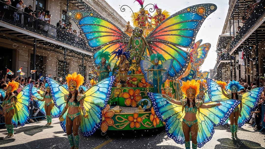 Um desfile de pessoas com trajes coloridos sob festival de carnaval.