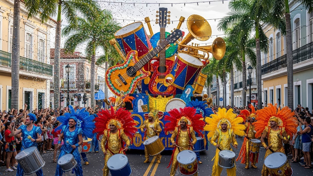 Um desfile de pessoas com trajes coloridos sob festival de carnaval.