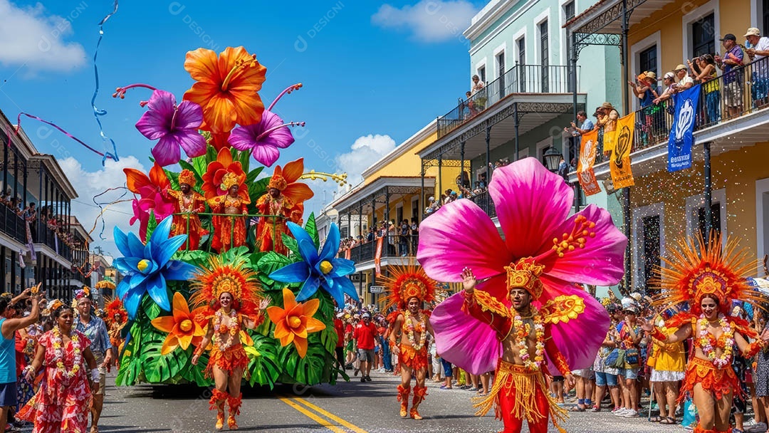 Um desfile de pessoas com trajes coloridos sob festival de carnaval.