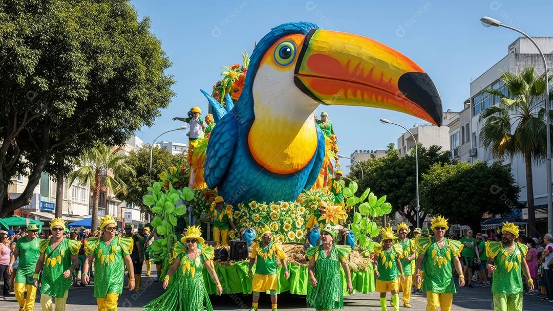 Um desfile de pessoas com trajes coloridos sob festival de carnaval.
