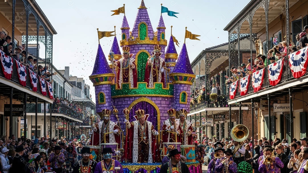 Um desfile de pessoas com trajes coloridos sob festival de carnaval.