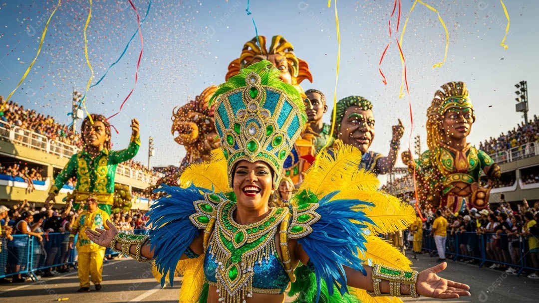 Pessoas em um festival celebrando com confetes e fogos de artifício sparklers ao fundo.