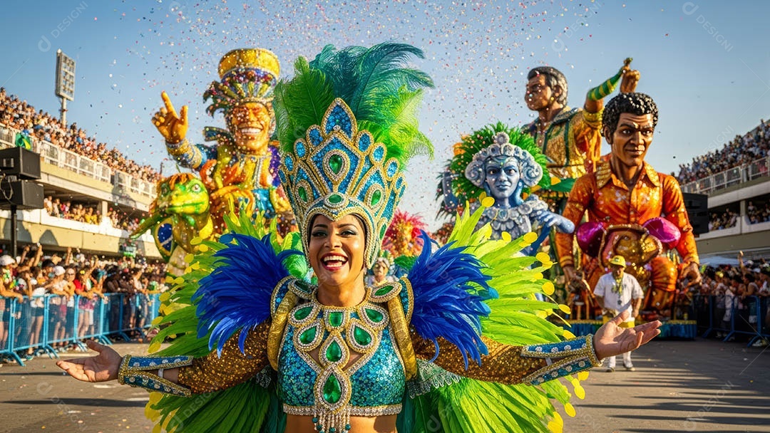 Um desfile de pessoas com trajes coloridos sob festival de carnaval.