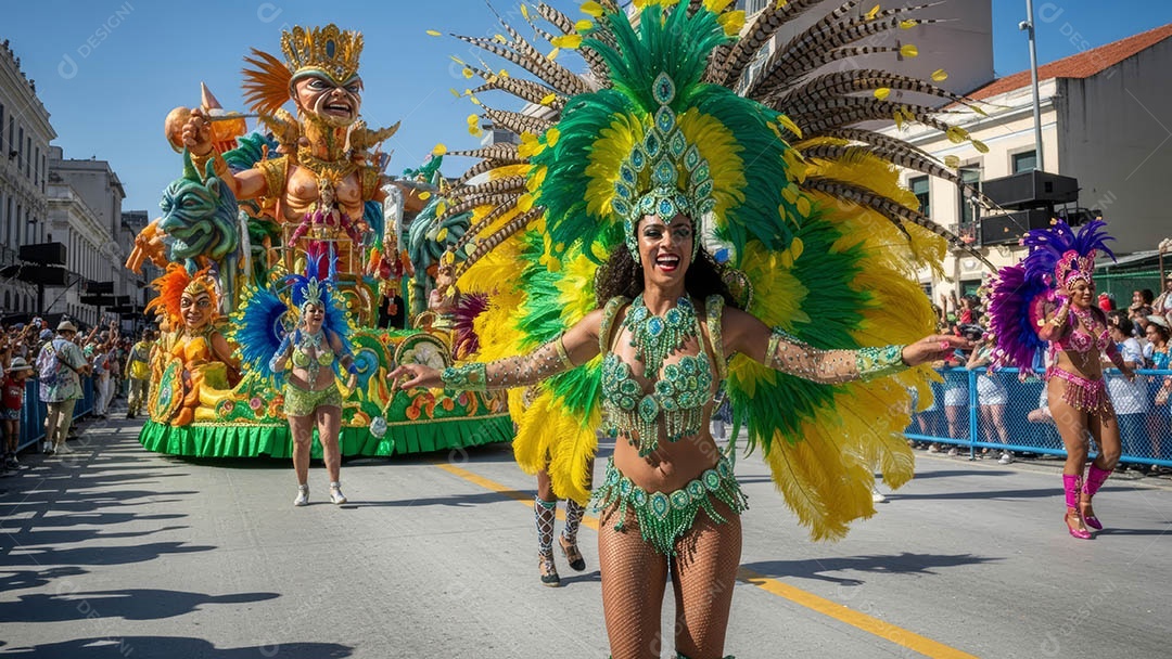 Um desfile de pessoas com trajes coloridos sob festival de carnaval.