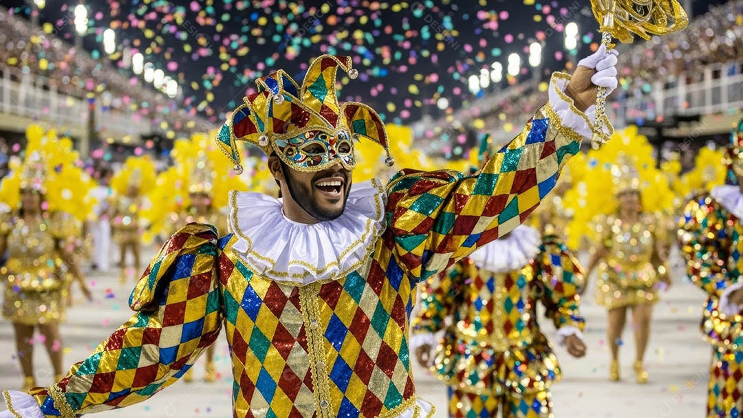 Um desfile de pessoas com trajes coloridos sob festival de carnaval.