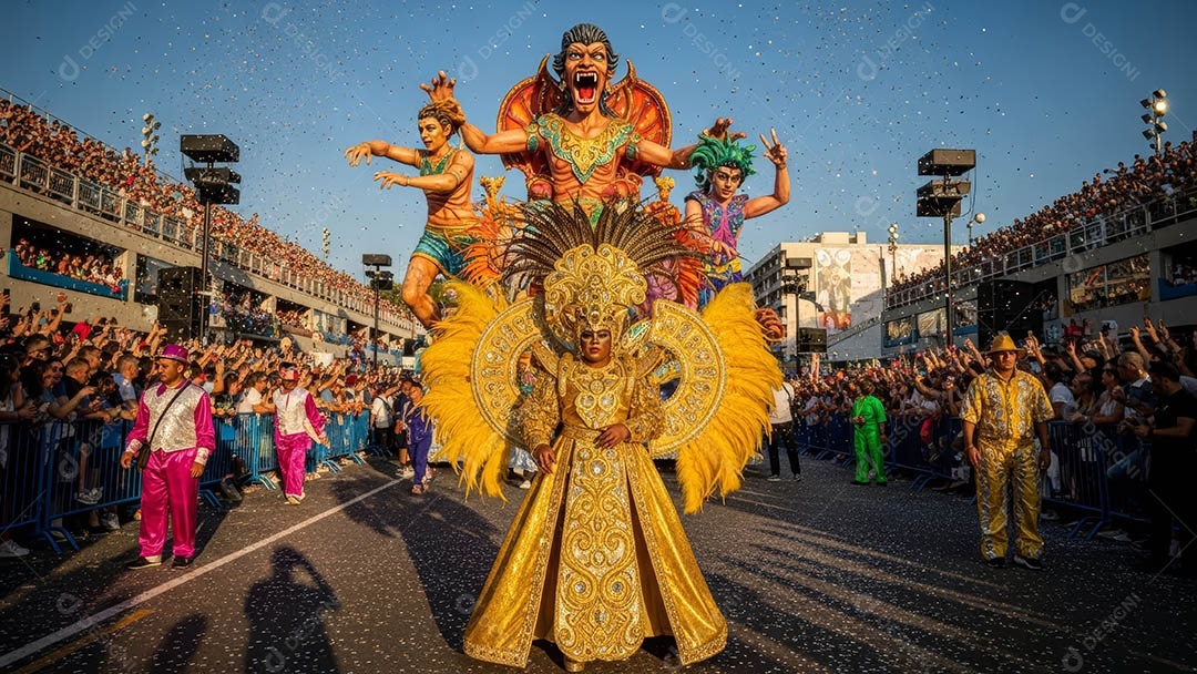 Um desfile de pessoas com trajes coloridos sob festival de carnaval.