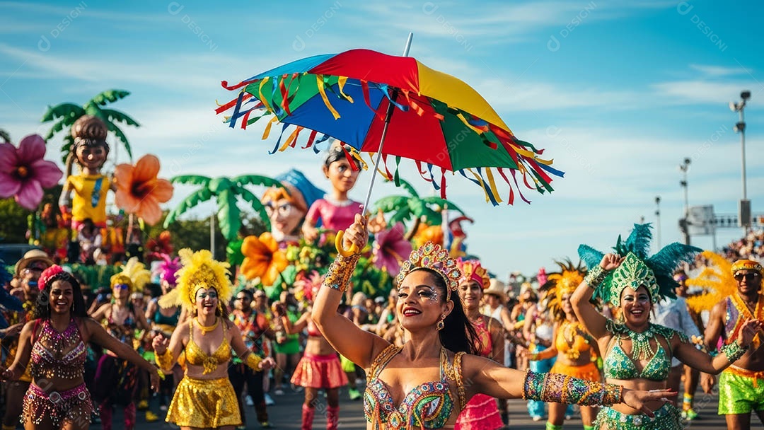 Um desfile de pessoas com trajes coloridos sob festival de carnaval.