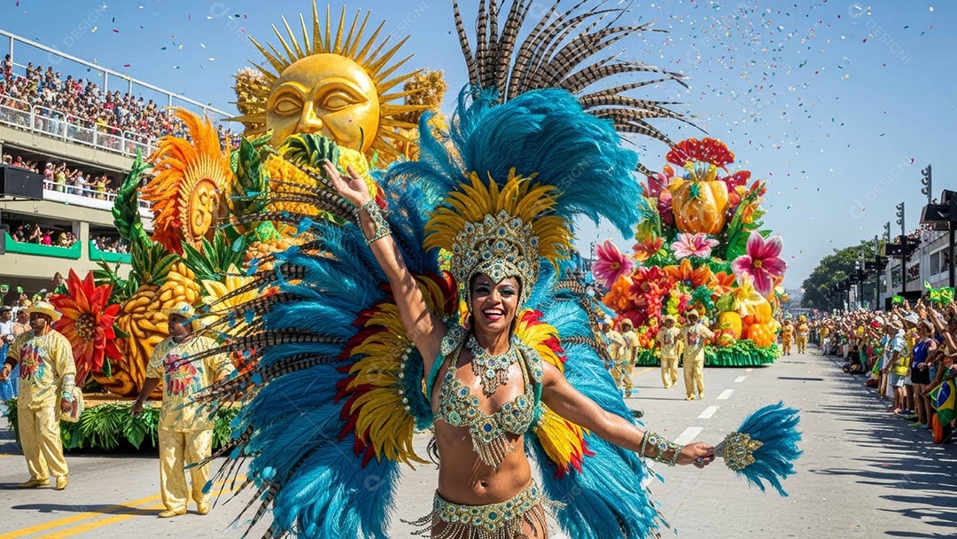 Um desfile de pessoas com trajes coloridos sob festival de carnaval.