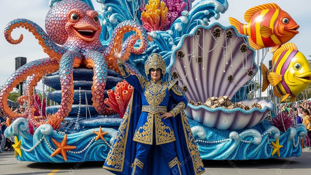 Um desfile de pessoas com trajes coloridos sob festival de carnaval.