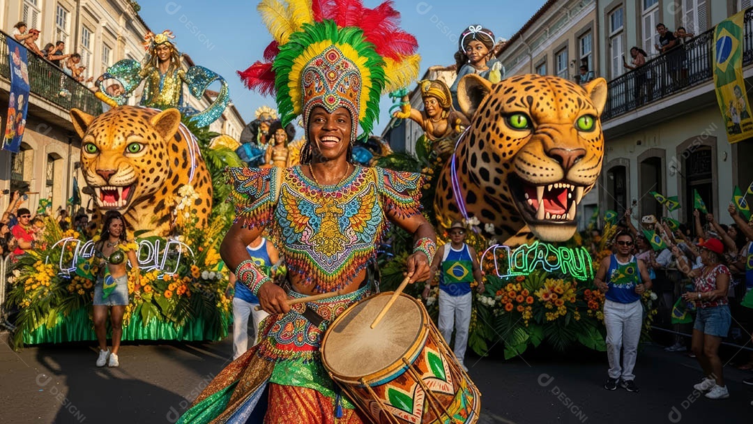 Um desfile de pessoas com trajes coloridos sob festival de carnaval.