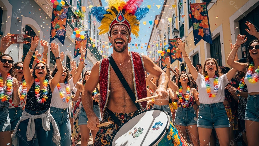 Um desfile de pessoas com trajes coloridos sob festival de carnaval.
