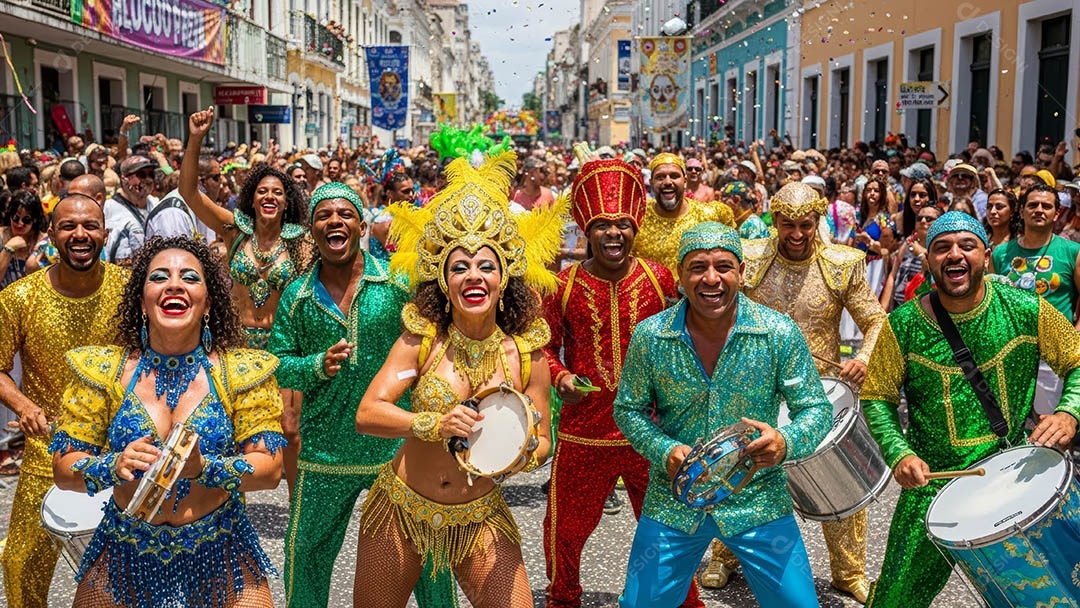 Um desfile de pessoas com trajes coloridos sob festival de carnaval.