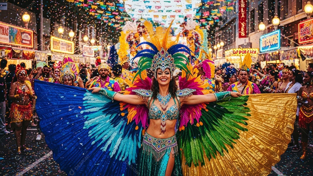 Um desfile de pessoas com trajes coloridos sob festival de carnaval.