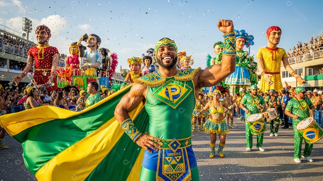 Um desfile de pessoas com trajes coloridos sob festival de carnaval.