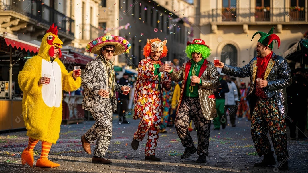 Um desfile de pessoas com trajes coloridos sob festival de carnaval.