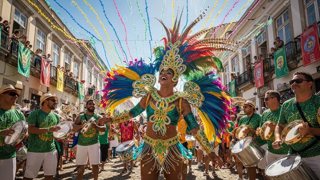 Um desfile de pessoas com trajes coloridos sob festival de carnaval.
