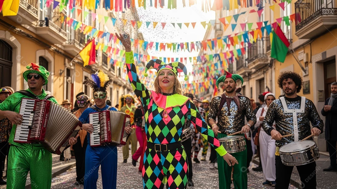 Um desfile de pessoas com trajes coloridos sob festival de carnaval.