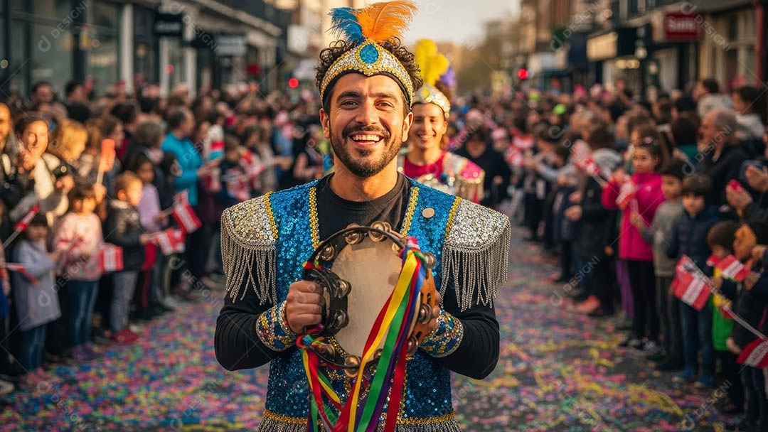 Um desfile de pessoas com trajes coloridos sob festival de carnaval.