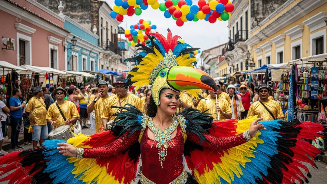 Um desfile de pessoas com trajes coloridos sob festival de carnaval.