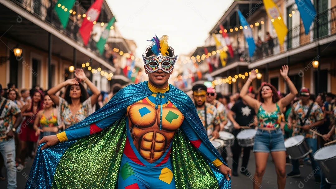 Um desfile de pessoas com trajes coloridos sob festival de carnaval.