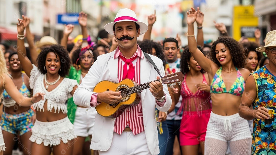 Um desfile de pessoas com trajes coloridos sob festival de carnaval.