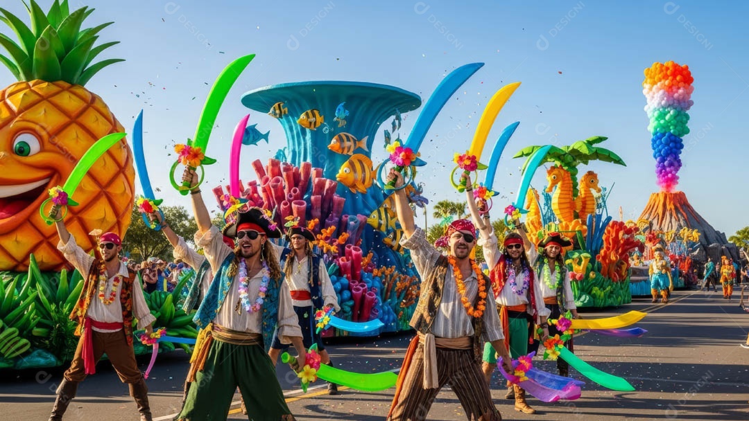 Um desfile de pessoas com trajes coloridos sob festival de carnaval.