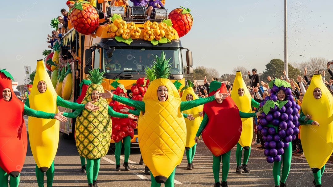 Um desfile de pessoas com trajes coloridos sob festival de carnaval.