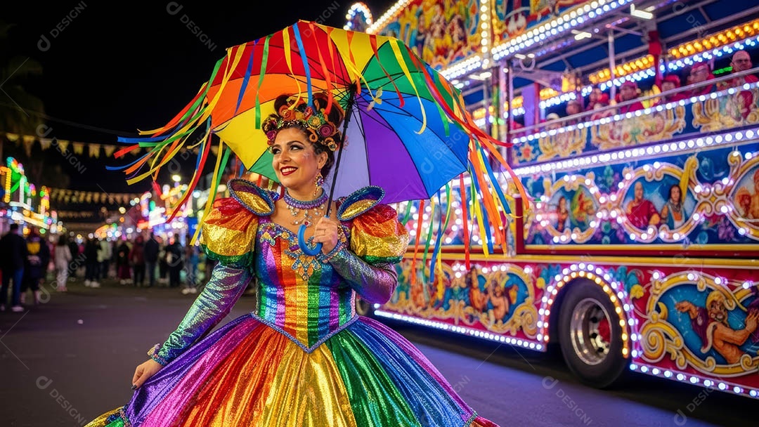 Um desfile de pessoas com trajes coloridos sob festival de carnaval.