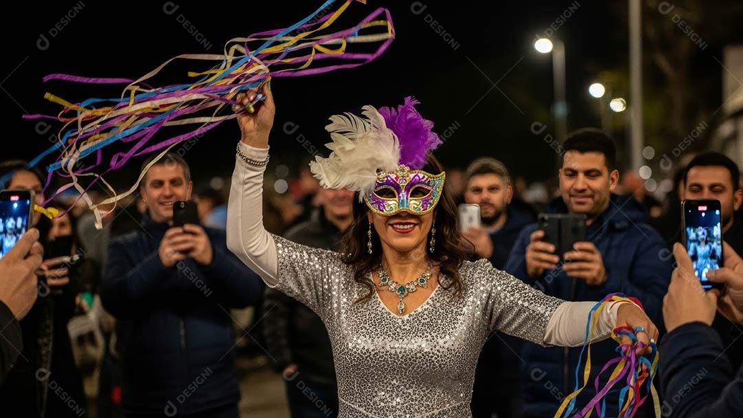 Um desfile de pessoas com trajes coloridos sob festival de carnaval.