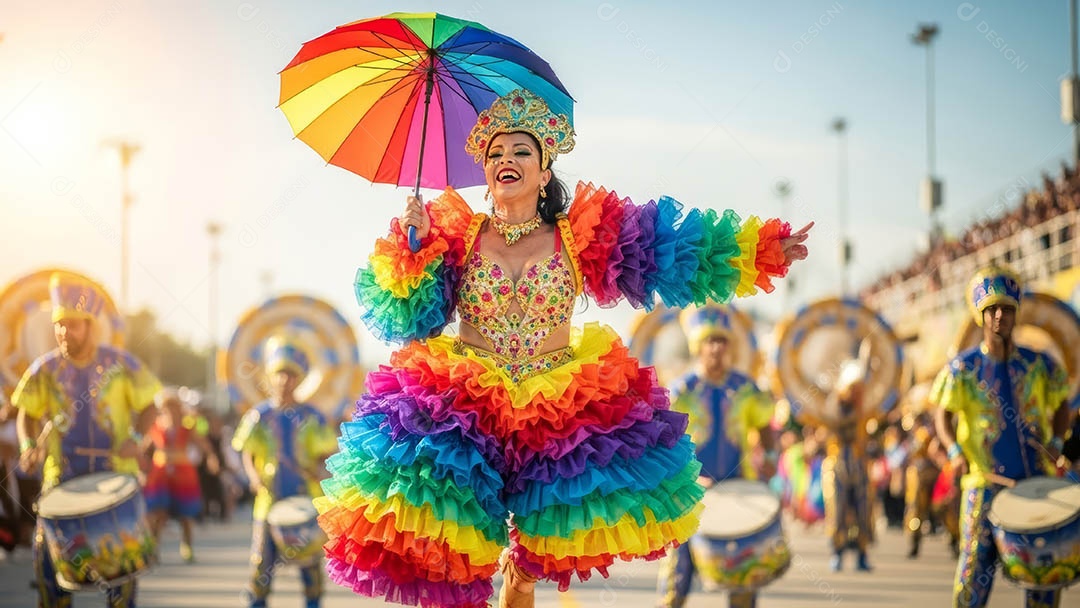 Um desfile de pessoas com trajes coloridos sob festival de carnaval.