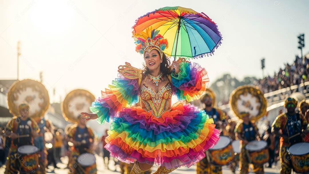 Um desfile de pessoas com trajes coloridos sob festival de carnaval.