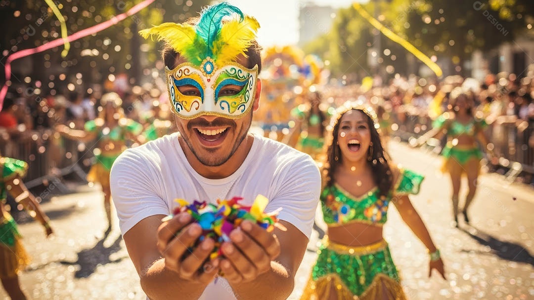 Um desfile de pessoas com trajes coloridos sob festival de carnaval.