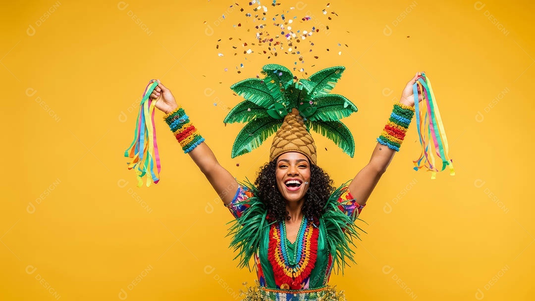 Linda mulher fantasiada sorridente em clima carnavalesco sob fundo isolado.