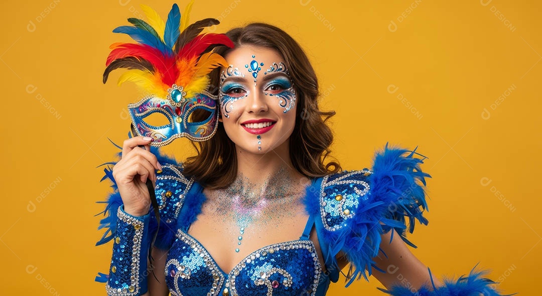 Linda mulher fantasiada sorridente em clima carnavalesco sob fundo isolado.