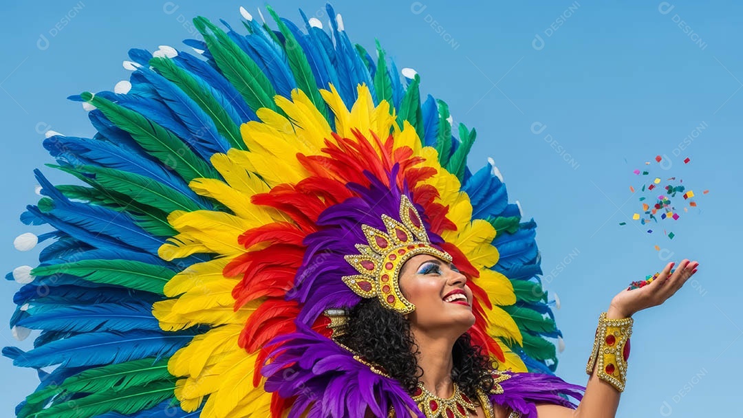 Linda mulher fantasiada sorridente em clima carnavalesco sob fundo isolado.