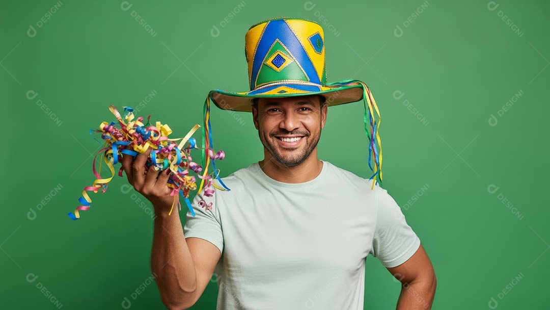 Belo homem fantasiado sorridente em clima carnavalesco sob fundo isolado.