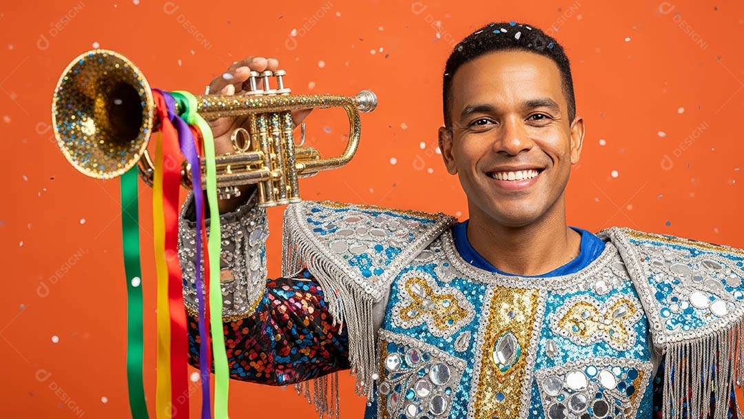 Belo homem fantasiado sorridente em clima carnavalesco sob fundo isolado.