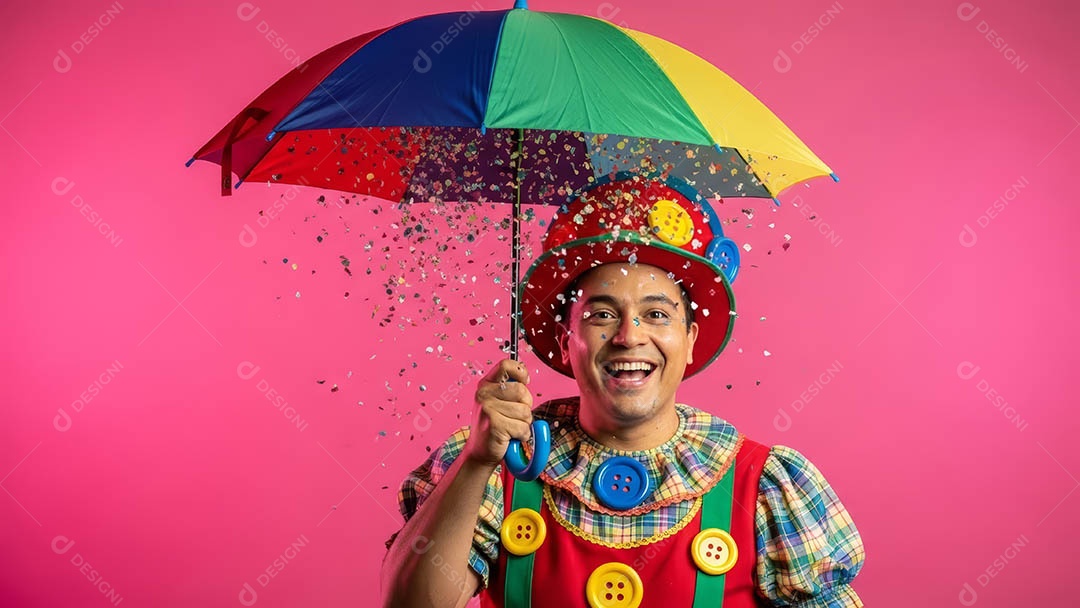 Belo homem fantasiado sorridente em clima carnavalesco sob fundo isolado.