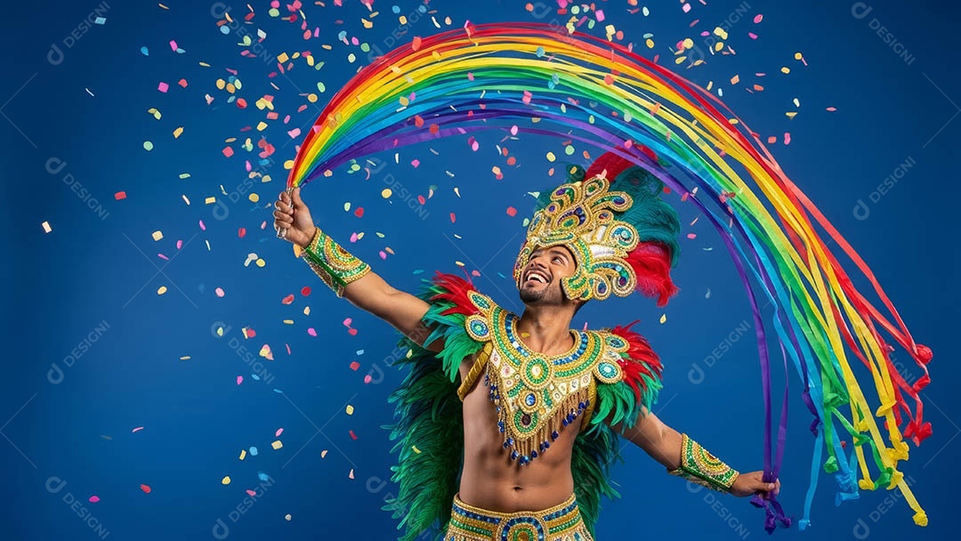 Belo homem fantasiado sorridente em clima carnavalesco sob fundo isolado.