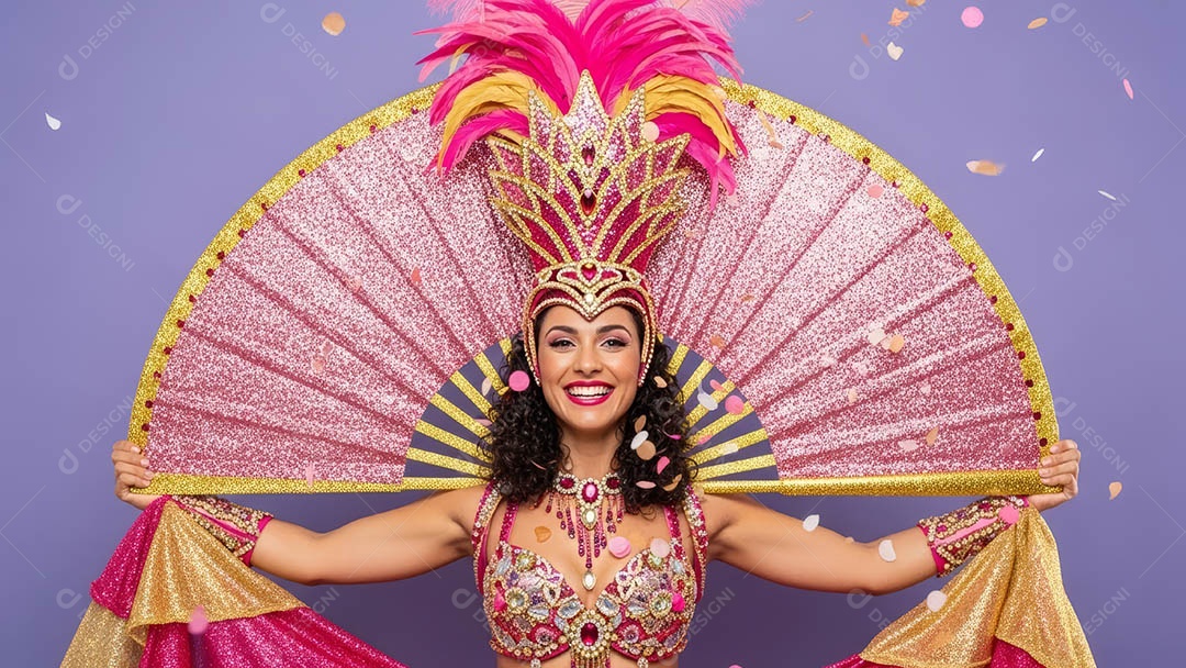 Linda mulher fantasiada sorridente em clima carnavalesco sob fundo isolado.