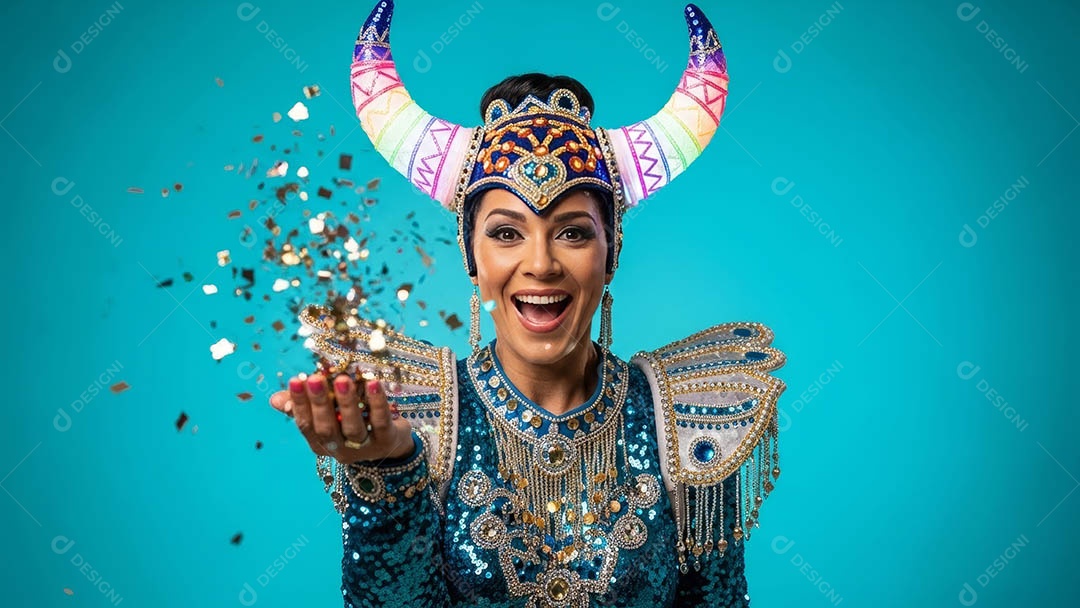 Linda mulher fantasiada sorridente em clima carnavalesco sob fundo isolado.