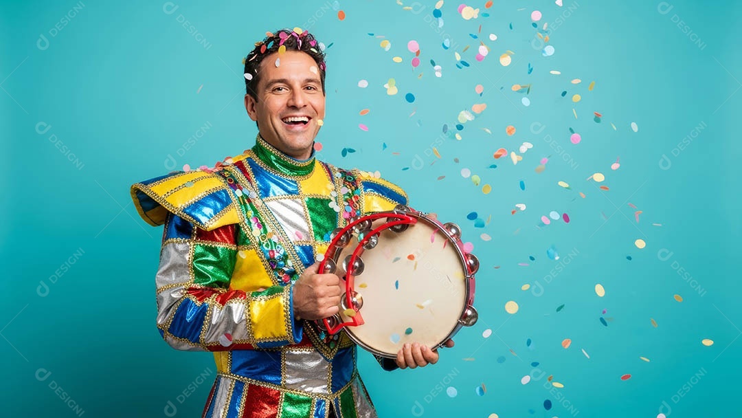 Belo homem fantasiado sorridente em clima carnavalesco sob fundo isolado.