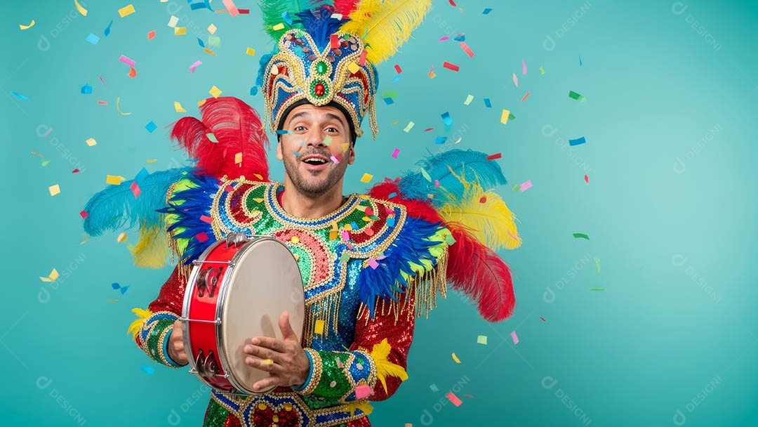 Belo homem fantasiado sorridente em clima carnavalesco sob fundo isolado.