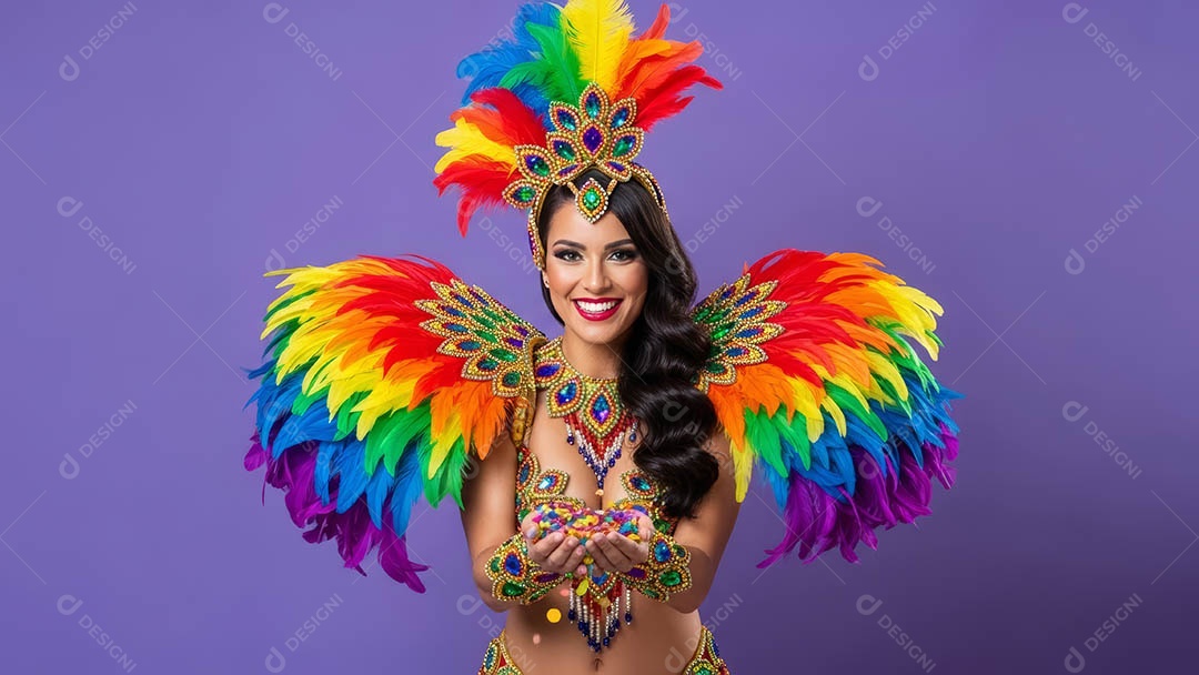 Linda mulher fantasiada sorridente em clima carnavalesco sob fundo isolado.