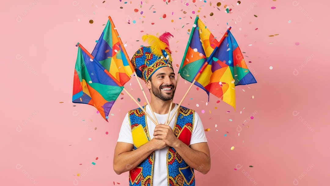 Belo homem fantasiado sorridente em clima carnavalesco sob fundo isolado.