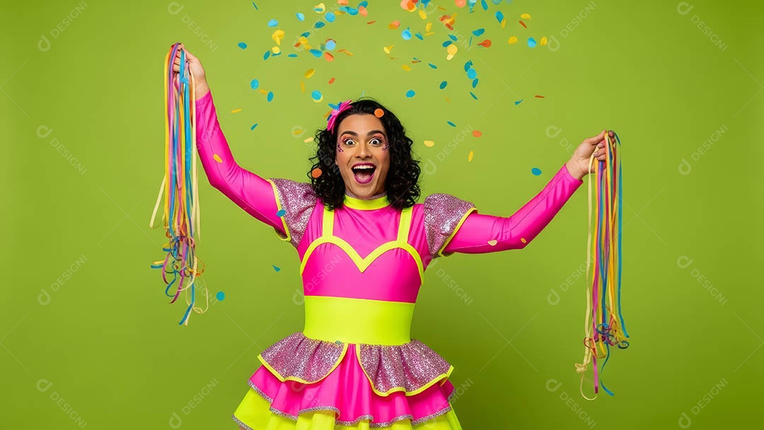 Linda mulher fantasiada sorridente em clima carnavalesco sob fundo isolado.