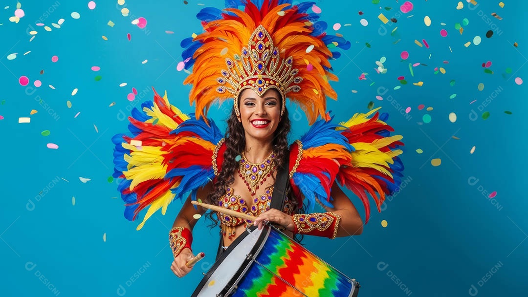 Linda mulher fantasiada sorridente em clima carnavalesco sob fundo isolado.