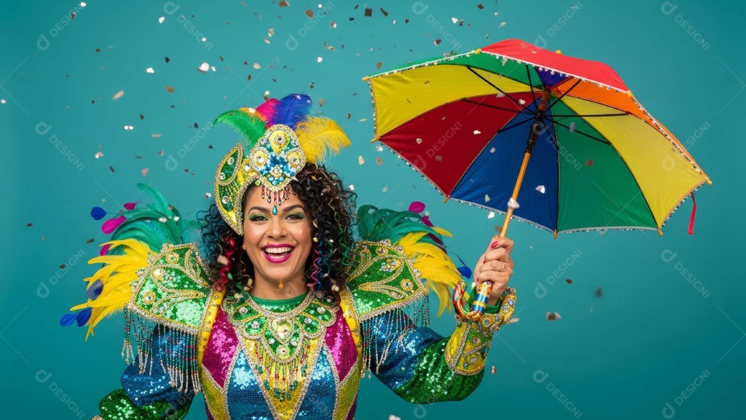 Linda mulher fantasiada sorridente em clima carnavalesco sob fundo isolado.