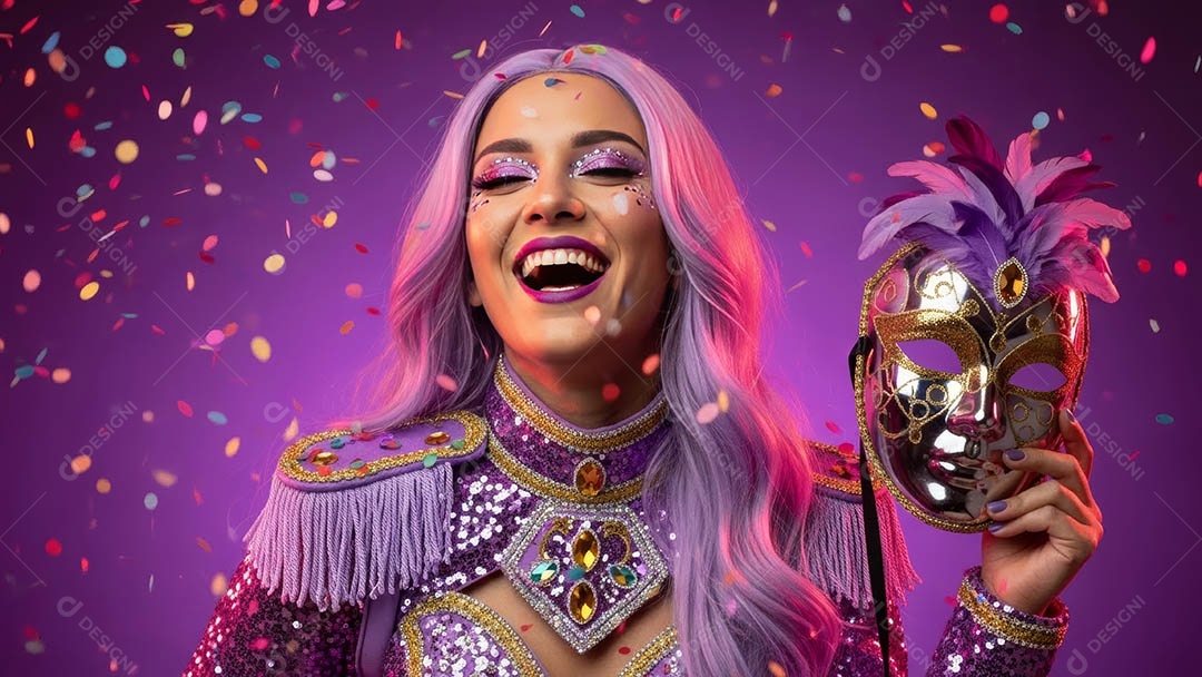 Linda mulher fantasiada sorridente em clima carnavalesco sob fundo isolado.