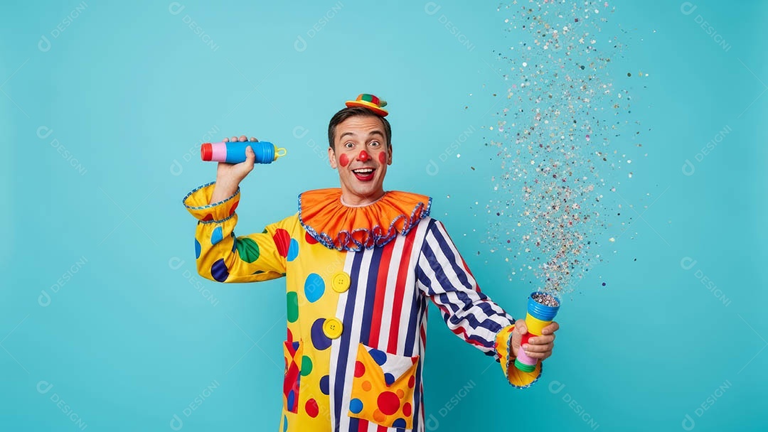 Belo homem fantasiado sorridente em clima carnavalesco sob fundo isolado.